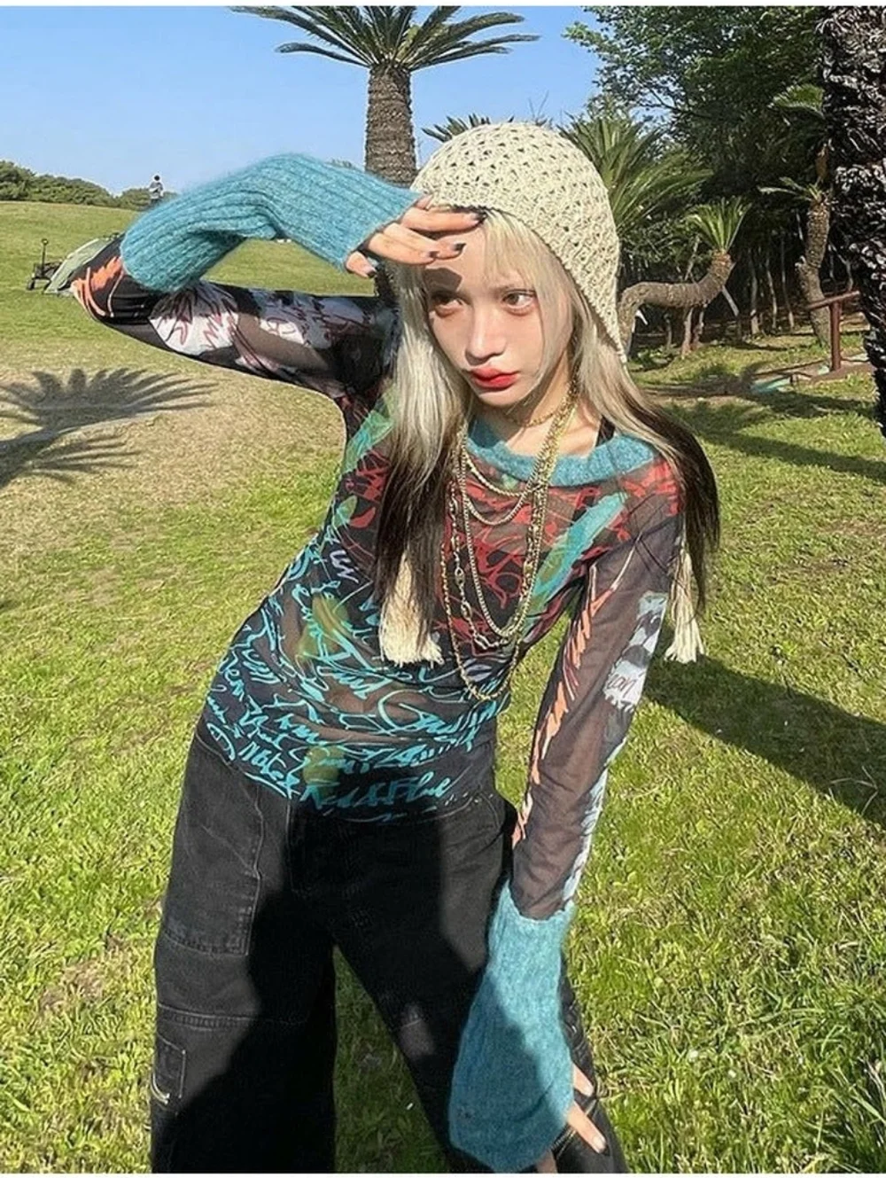 Y2K Vintage Sheer Slim Top Long Sleeve Round Neck Pattern Print Mesh Patchwork S - Picture 6 of 17